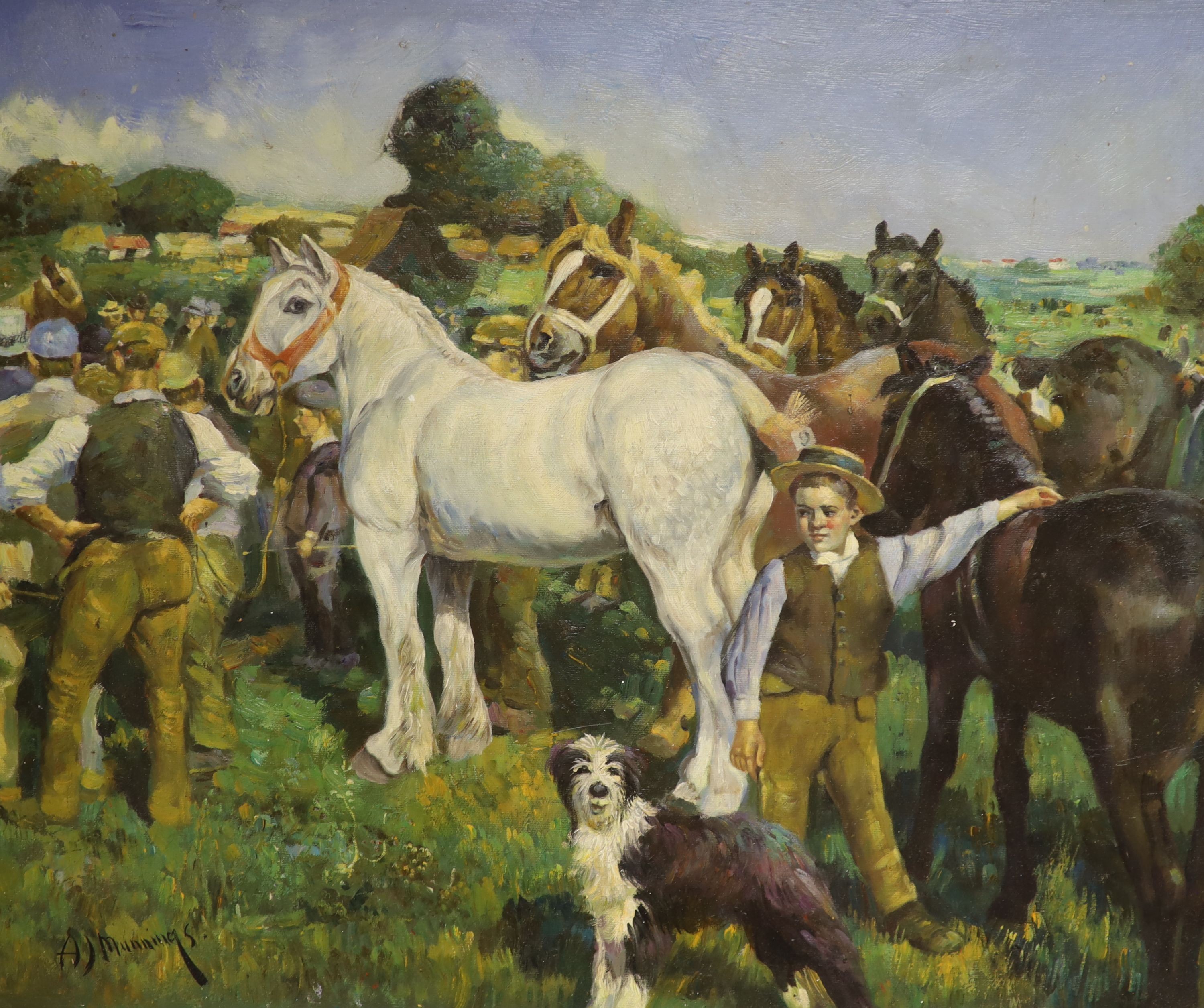 After Munnings, a modern oil on board, horse fair, 50 x 60cm.